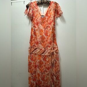 Vintage 90s Believe drop waist orange floral fairy dress assymetrical hem 10